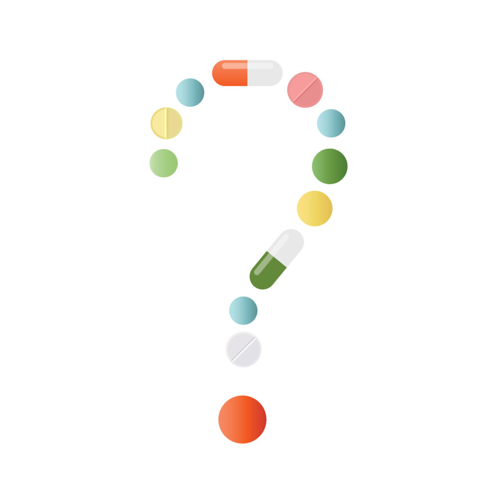 Illustration of mental health medications in the shape of a question mark.