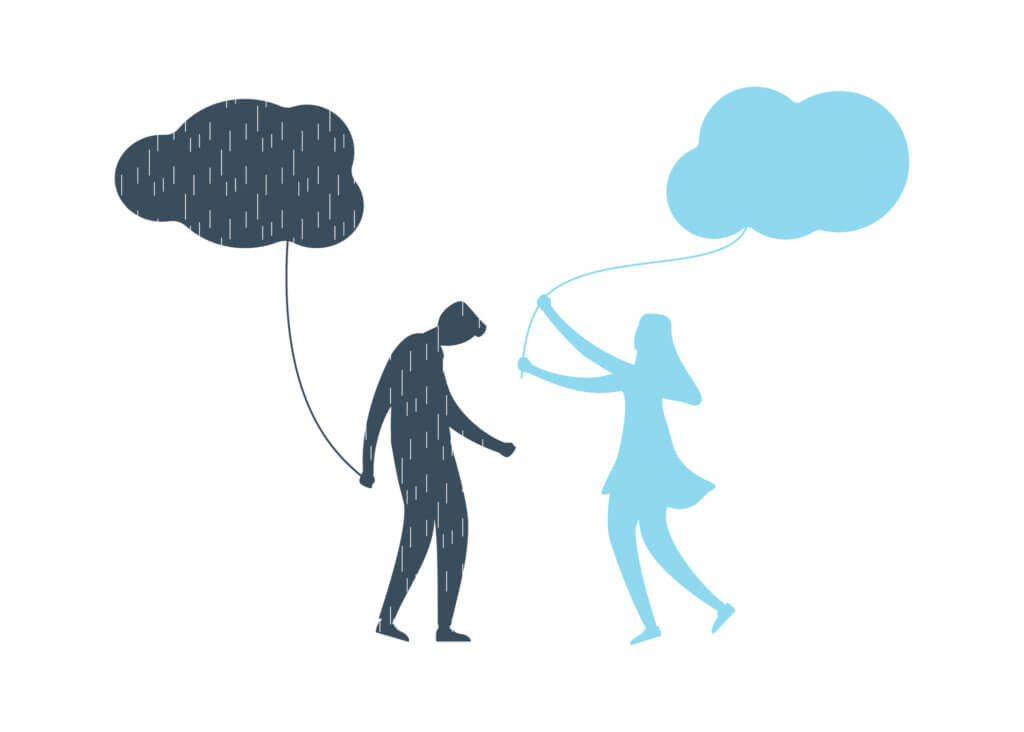 Young man with anxiety and depression holding dark cloud with rain. His girlfriend supports and helps him with mental illness, brings to him happy feellings with clean sky. Flat vector illustration.