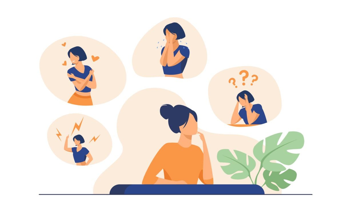 illustration of a woman with different thought bubbles above her signifying different symptoms of anxiety