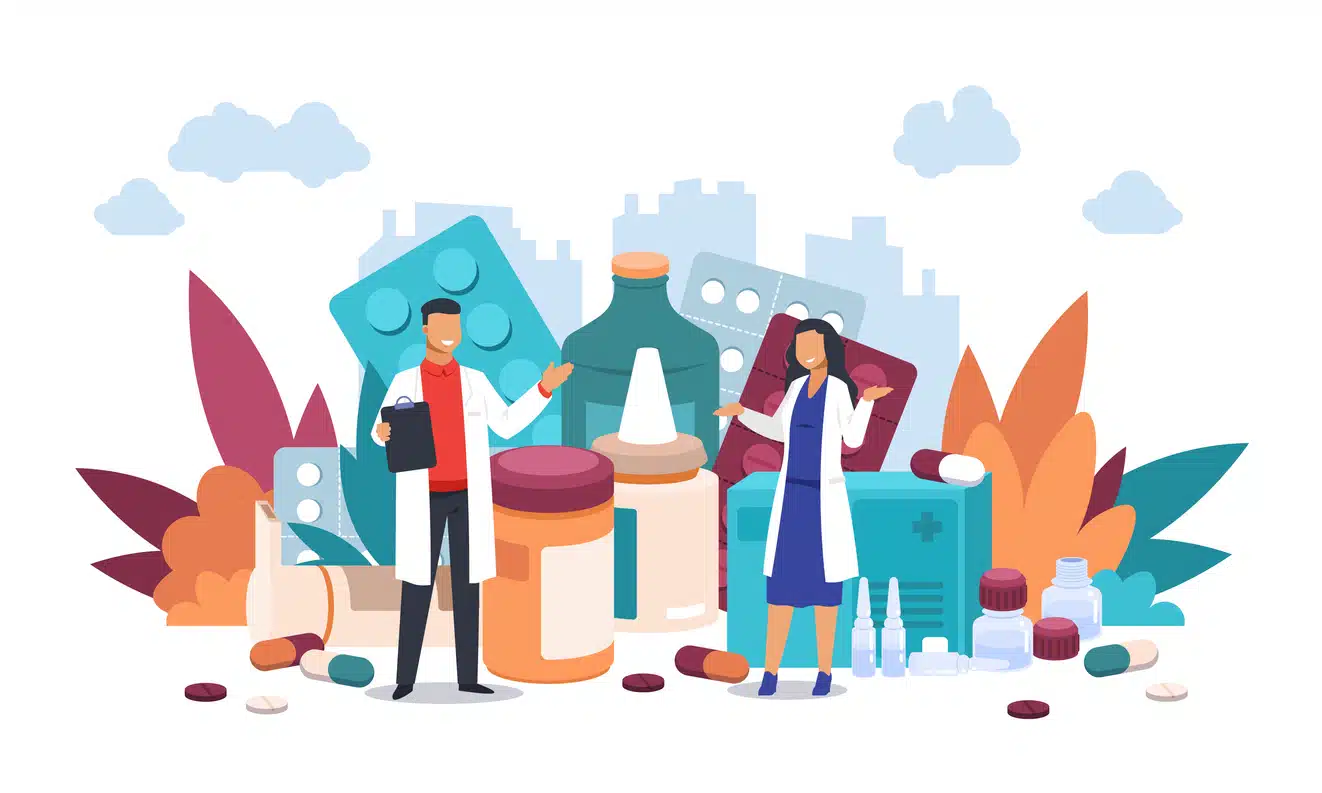 illustration of doctors standing among different medications representing psychiatric medication management
