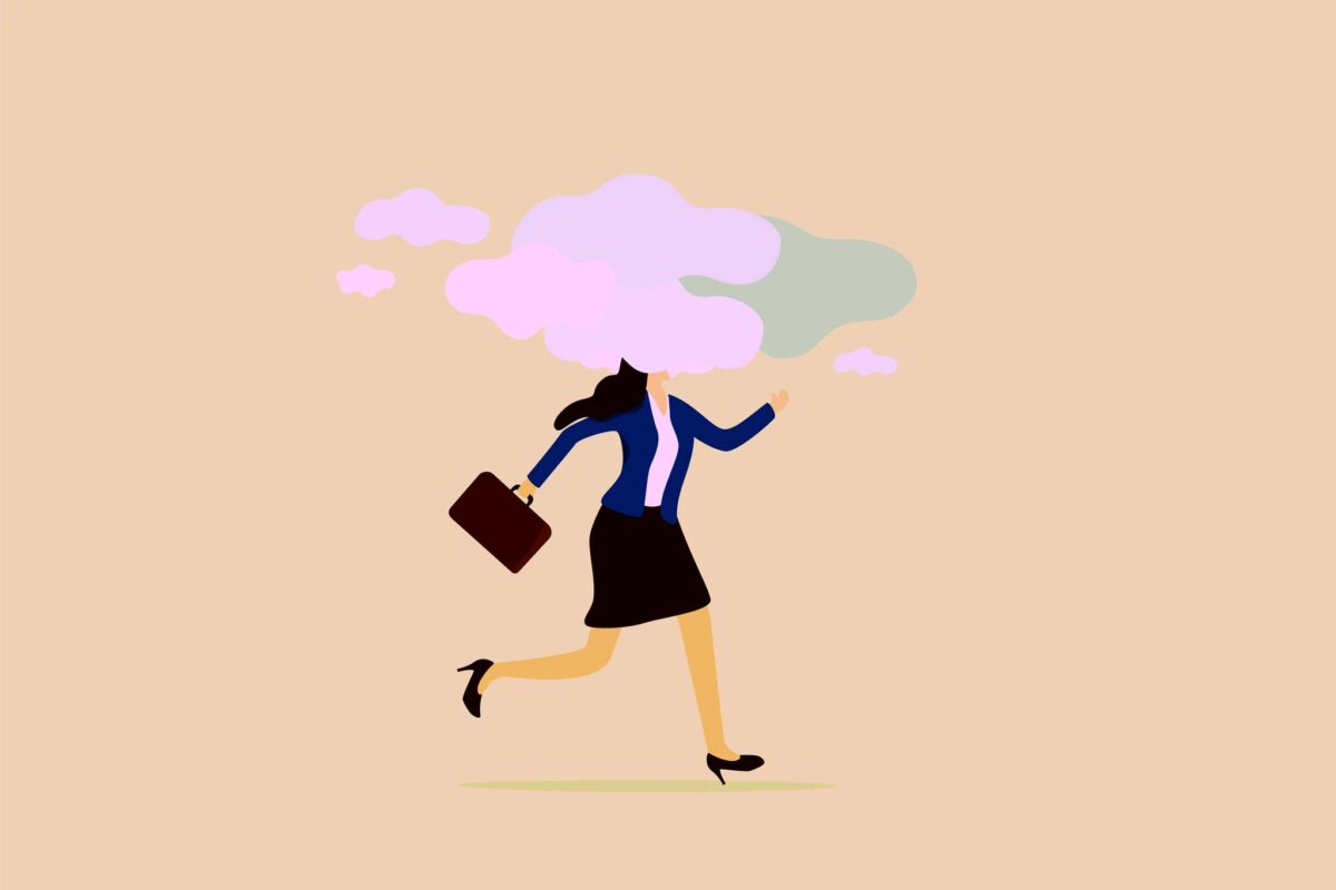 illustration of a woman running with a cloud covering her head as she suffers from ADHD brain fog