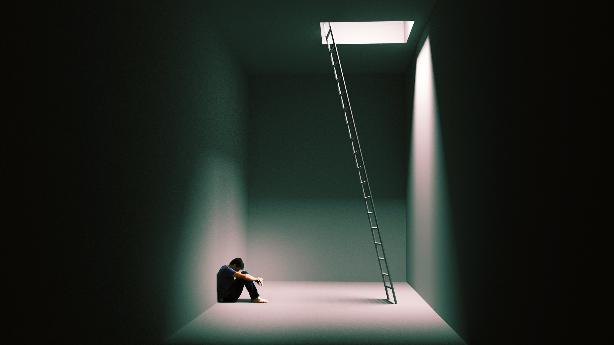 illustration of a man in a dark room with an opening and a ladder going up representing what is depression