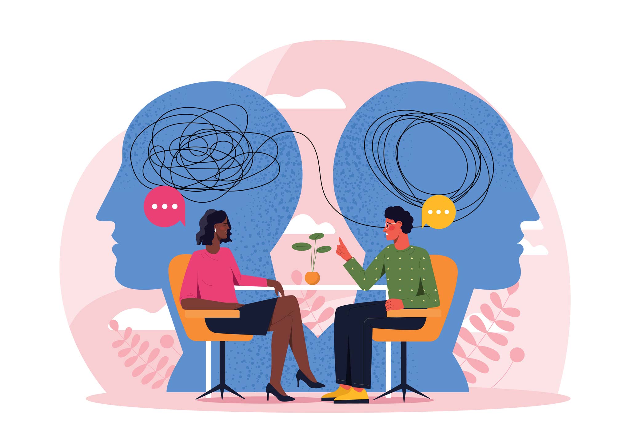 illustration with two people talking during an addiction therapy session