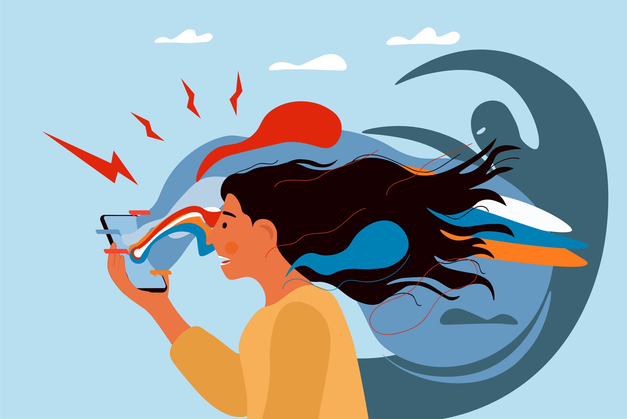 illustration of a person looking at their phone and causing problems representing the relationship between media and mental health